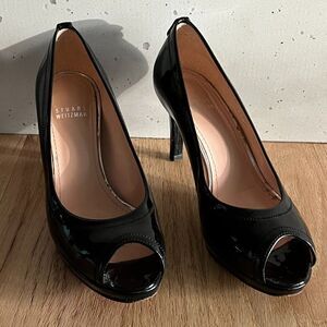 Stuart Weitzman Black Patent Leather‎ peep Toe pumps Heels Shoes Sz 6M